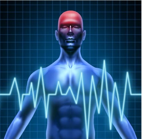 Ilustrație a unui corp uman cu zona capului evidențiată și traseu de electrocardiogramă, sugerând accidentul vascular cerebral