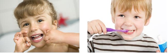 Fetiță care folosește ața dentară și băiat care se spală pe dinți cu periuța și pastă pentru copii