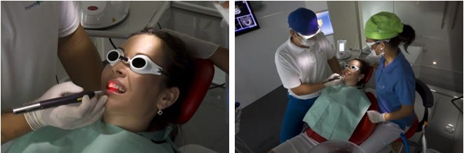 Tratament laser antiinflamator al gingiei, cu ochelari de protecție pentru pacient