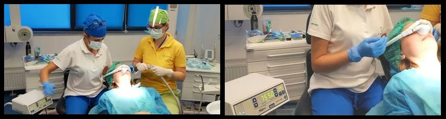 Două imagini din sala de operații: echipa medicală lângă pacientă, care respiră amestecul de protoxid de azot și oxigen prin masca nazală, înainte de prinderea liniei venoase