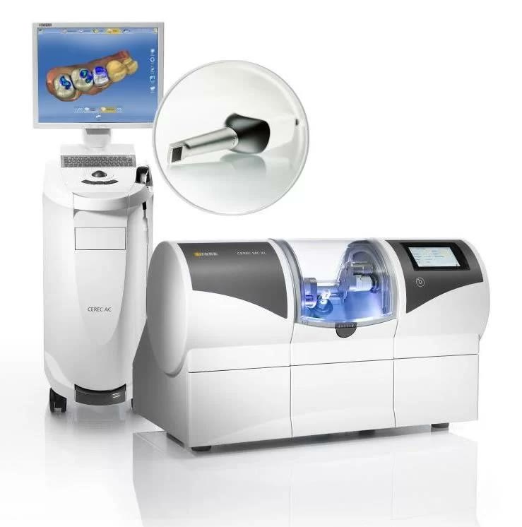 Sistemul CAD/CAM CEREC din cabinet: unitatea de proiectare cu monitor, scanerul intraoral și unitatea de frezare