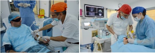 Medicul anestezist montează linia intravenoasă și monitorizează funcțiile vitale ale pacientului în timpul intervenției
