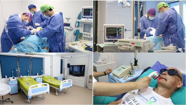 Colaj din blocul operator Implantodent: echipa chirurgicală în intervenție, monitorul de funcții vitale, rezervele post-operatorii și terapia cu laser