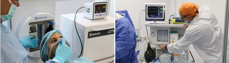 Pacientă care primește inhalosedare pe mască nazală și medicul specialist ATI la aparatul de anestezie generală