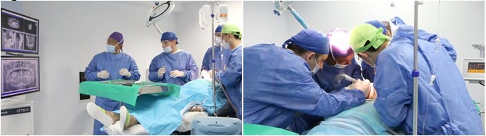 Sală de operație Implantodent pregătită pentru inserarea de implanturi dentare, cu tomografia afișată pe monitor