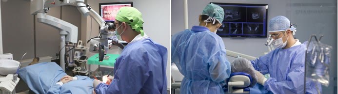 Intervenție de chirurgie endodontică realizată sub microscop operator, cu radiografia afișată pe monitor