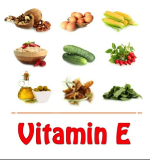 Planșă cu alimente bogate în vitamina E: nuci, ouă, porumb, fulgi de ovăz, castraveți, măceșe, ulei vegetal și legume verzi