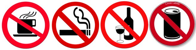 Semne de interdicție: fără băuturi fierbinți, fără fumat, fără alcool și fără băuturi acidulate