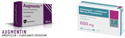 Cutii de Augmentin (amoxicilină cu acid clavulanic) și de clindamicină 600 mg