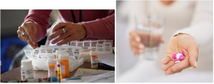 Cutie organizatoare cu medicamente și o mână care ține pastile alături de un pahar cu apă