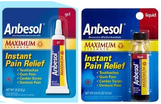 Ambalajele produsului Anbesol, în variantă de gel și de soluție, anestezic local de uz oral