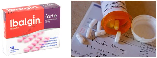 Cutie de Ibalgin forte 400 mg alături de un flacon cu comprimate și o rețetă pe care este scris Vicodin