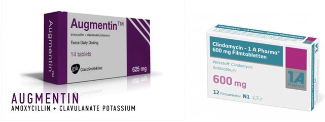 Ambalaje de antibiotice: Augmentin (amoxicilină cu clavulanat de potasiu) și Clindamycin 600 mg comprimate filmate