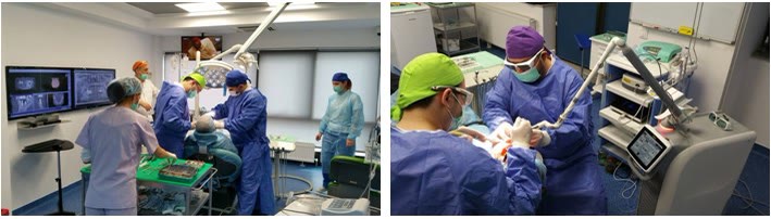 Echipa medicală Implantodent în timpul unei intervenții de chirurgie orală, în blocul operator