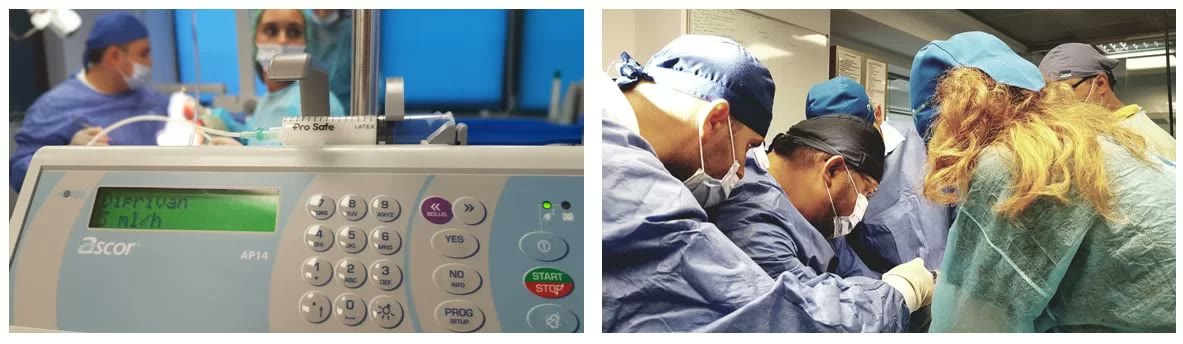 Injectomatul care dozează substanța de sedare intravenoasă și echipa chirurgicală în timpul unei intervenții de adiție osoasă
