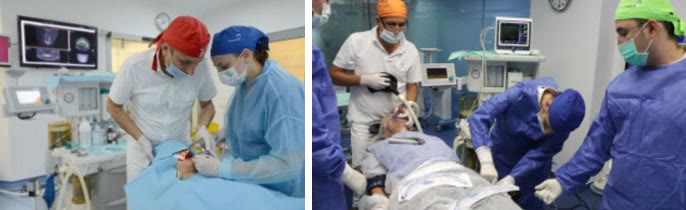Echipa medicală în bloc operator, în timpul unei anestezii generale prin intubare nazo-traheală, cu aparatura de monitorizare