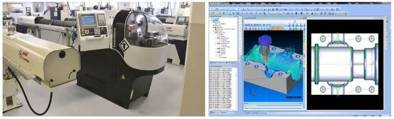 Mașină CNC industrială și software de proiectare CAD care simulează traseul frezei pe piesa de prelucrat