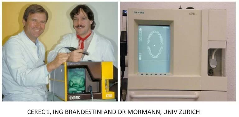 Inginerul Brandestini și dr. Mörmann de la Universitatea din Zürich lângă primul sistem CEREC 1 produs de Siemens