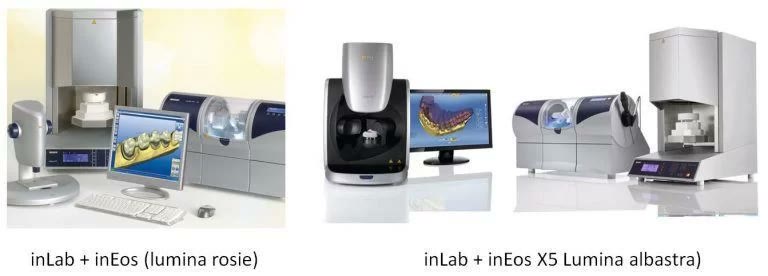 Ansamblurile inLab cu scanner inEos pe lumină roșie și, alături, generația inEos X5 pe lumină albastră