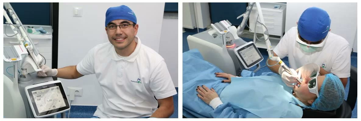 Medic Implantodent lângă unitatea laser din cabinet și tratament cu laser la o pacientă echipată cu ochelari de protecție