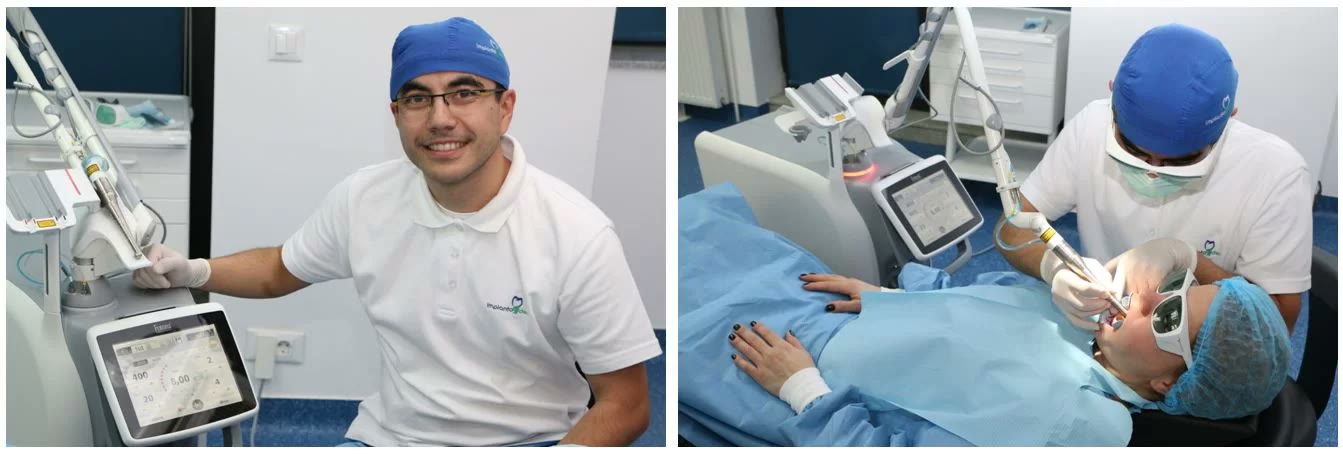 Medic Implantodent lângă unitatea laser din cabinet și tratament cu laser la o pacientă echipată cu ochelari de protecție