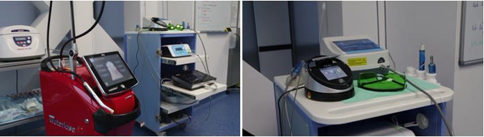 Unități laser din dotarea clinicilor Implantodent, printre care un laser Waterlase de culoare roșie și un laser pentru țesuturi moi