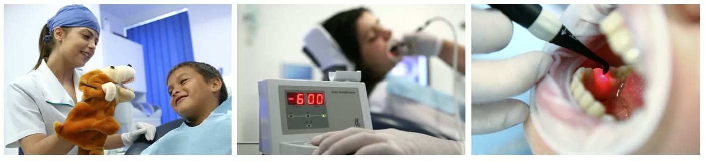 Trei imagini din cabinetul pentru copii: asistentă cu o marionetă lângă un băiat, aparatul de detecție laser DIAGNOdent și sonda laser aplicată pe dinți