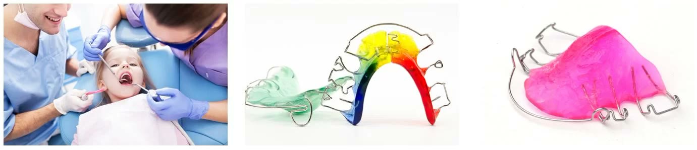 Fetiță tratată de doi medici în cabinet, alături de două aparate ortodontice mobile colorate — unul multicolor și unul roz — cu arcuri metalice
